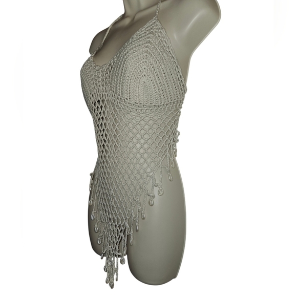 Hand Crafted Tan Crop-Top Fishnet triangular Design Hand Knit Crochet Swim Cover - Picture 4 of 17